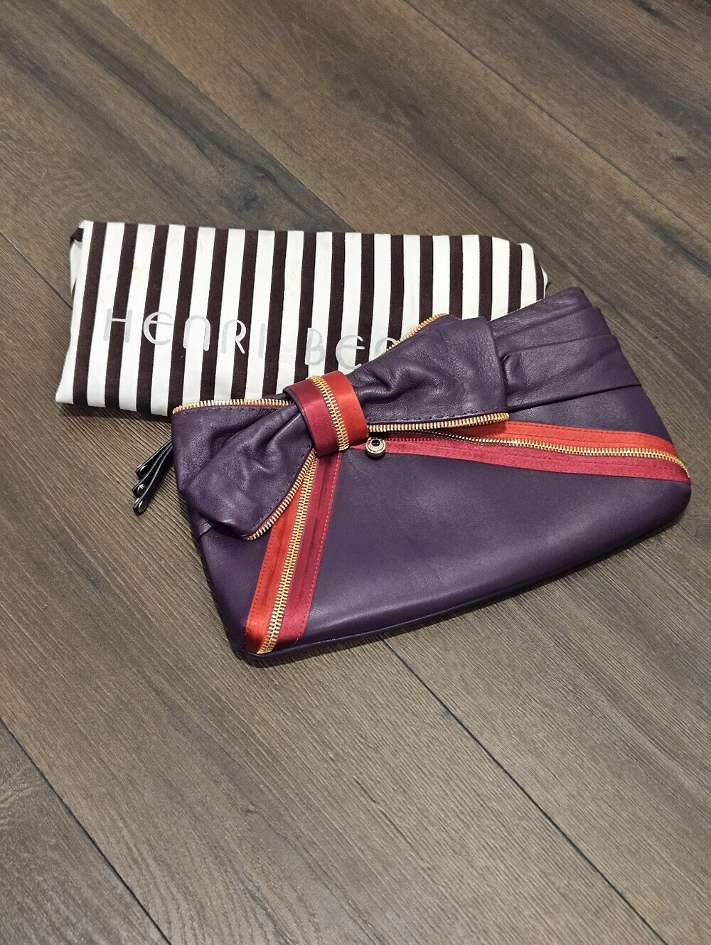 Henri Bendel Purple Leather Bow Clutch Oversized Zip Foldover Evening Bag +Dusty